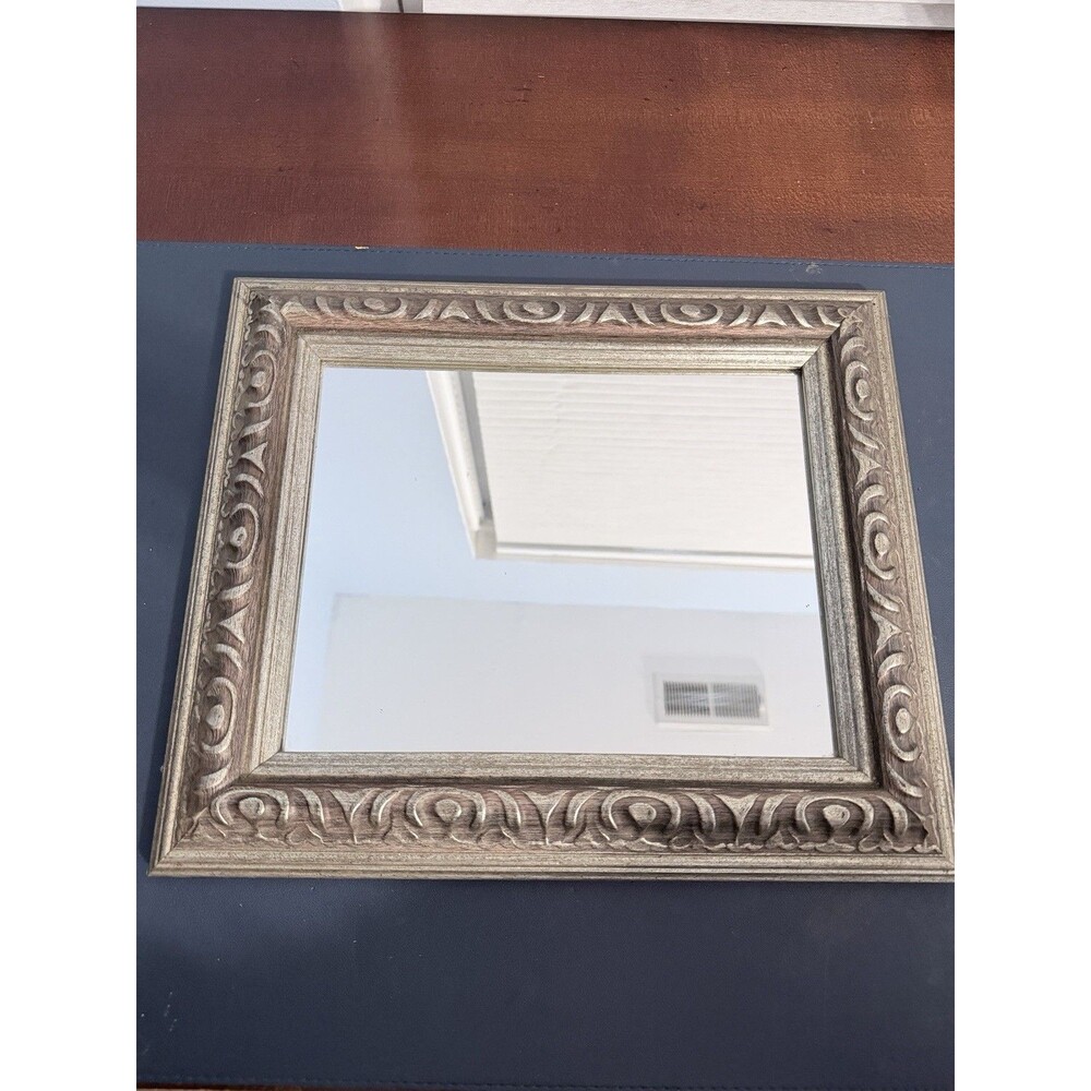 Vintage Style Accent Wall Mirror Ornate Carved Wood Silver Finish Square 12x14